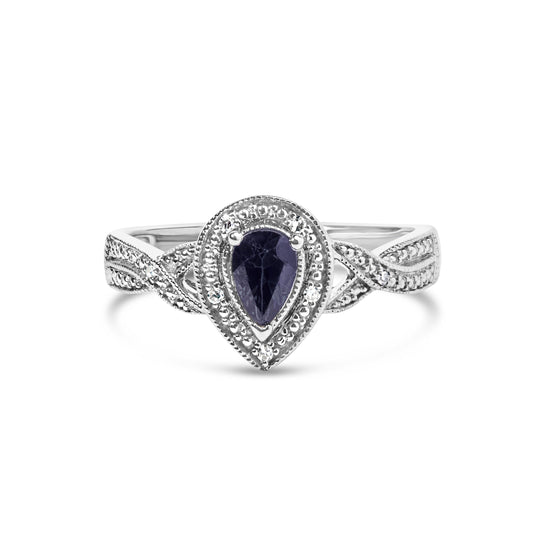 Anillo tipo halo de plata de ley .925 con gema de zafiro en forma de pera de 6x4 mm y acento de diamante (color H-I, claridad SI1-SI2) - Talla 7