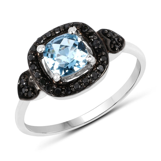 Anillo de Plata de Ley .925 con Topacio Azul Suizo Genuino y Diamante Negro de 1.19 Quilates