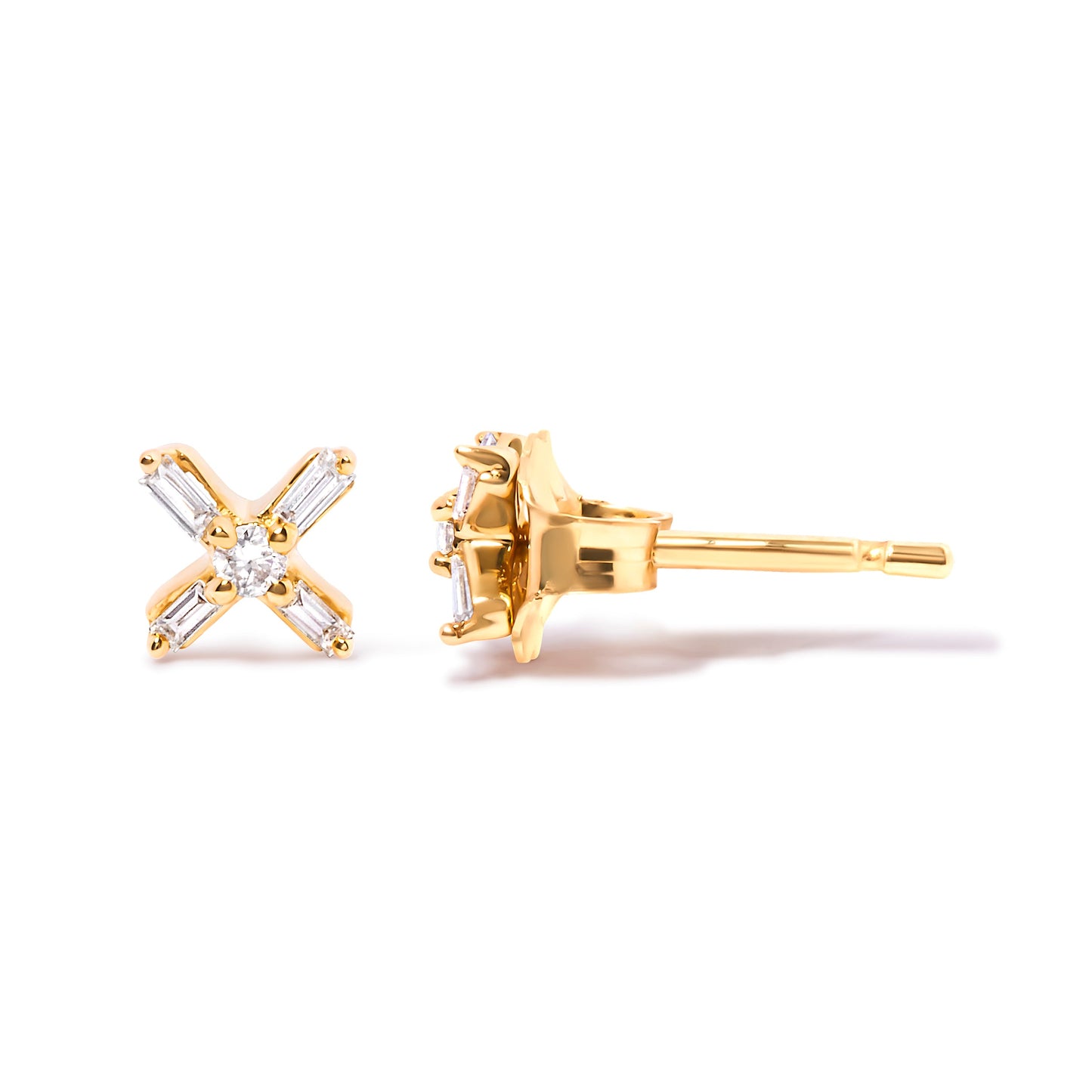 Pendientes de tuerca de oro amarillo de 10 quilates con diamantes redondos y de talla baguette de 1/10 Cttw en forma de X (color H-I, claridad I1-I2)