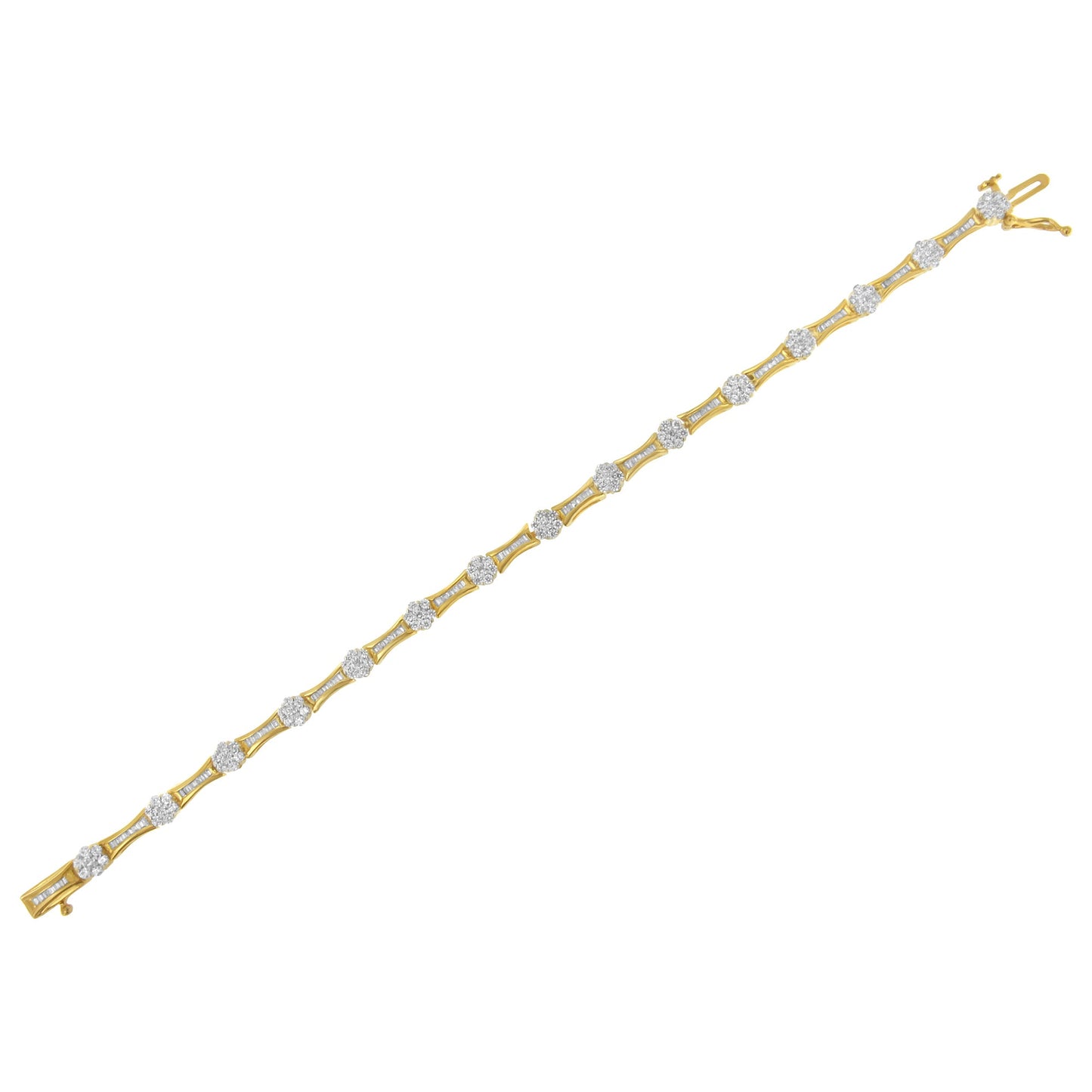 Pulsera de eslabones de diamantes de talla redonda y baguette de oro amarillo y blanco de 10 quilates con un peso total de 2.00 quilates (color I-J, claridad I2-I3) - Talla 7.25"