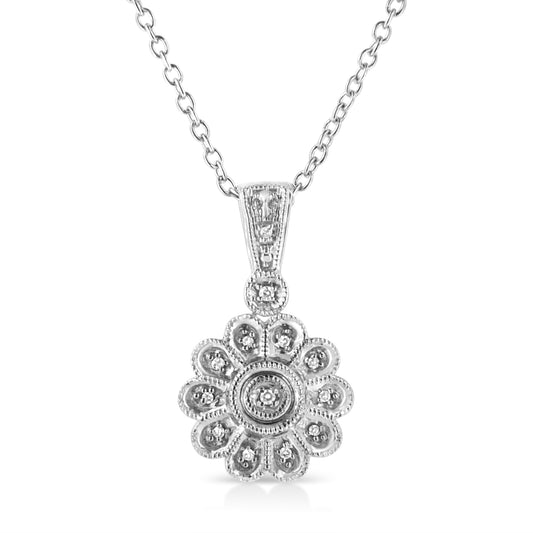 Collar con colgante de plata de ley .925 con diseño de sol y detalles milgrain, 45 cm (Color I-J, Claridad I1-I2)
