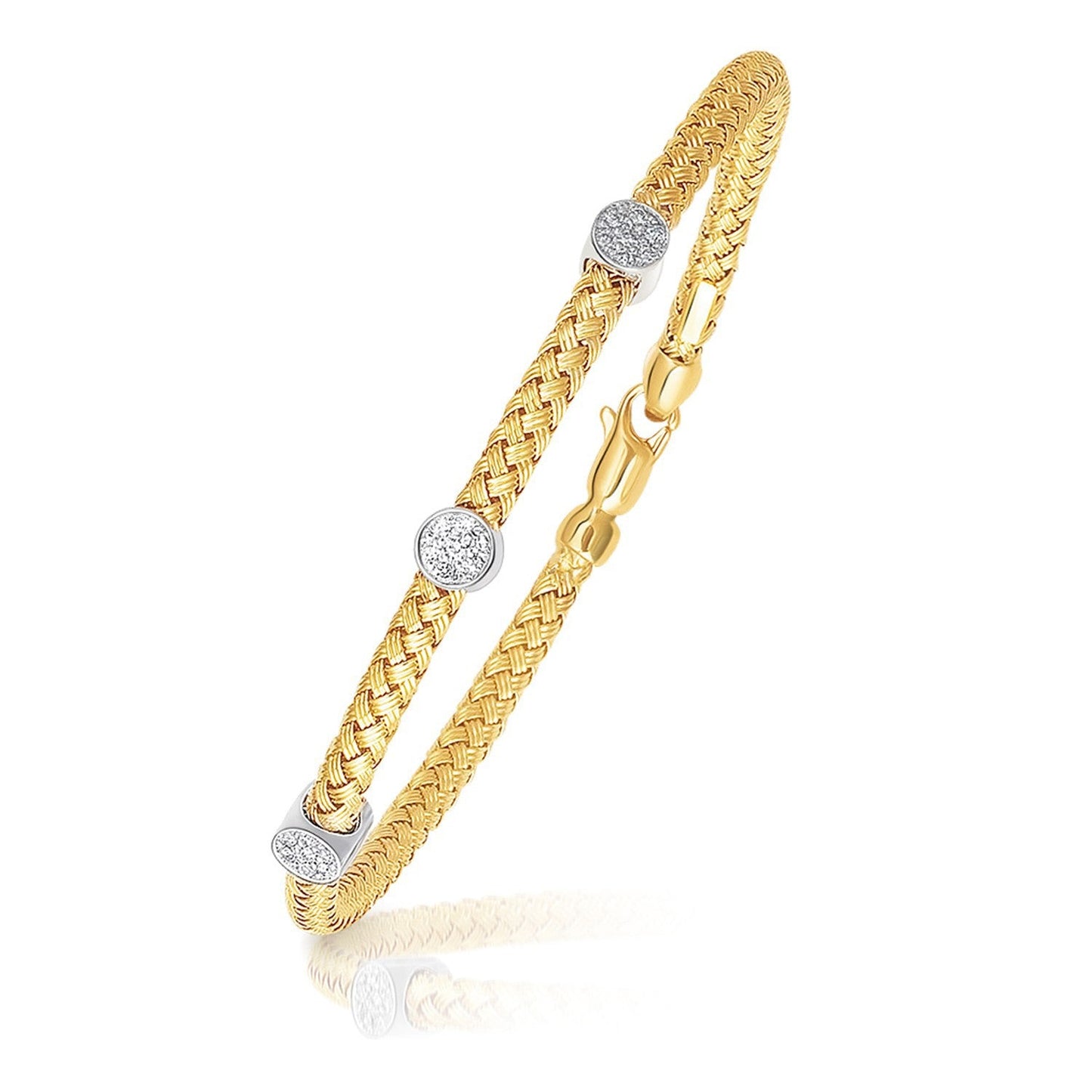 Brazalete tipo eslabón de oro bicolor de 14k con acentos de diamantes y diseño trenzado
