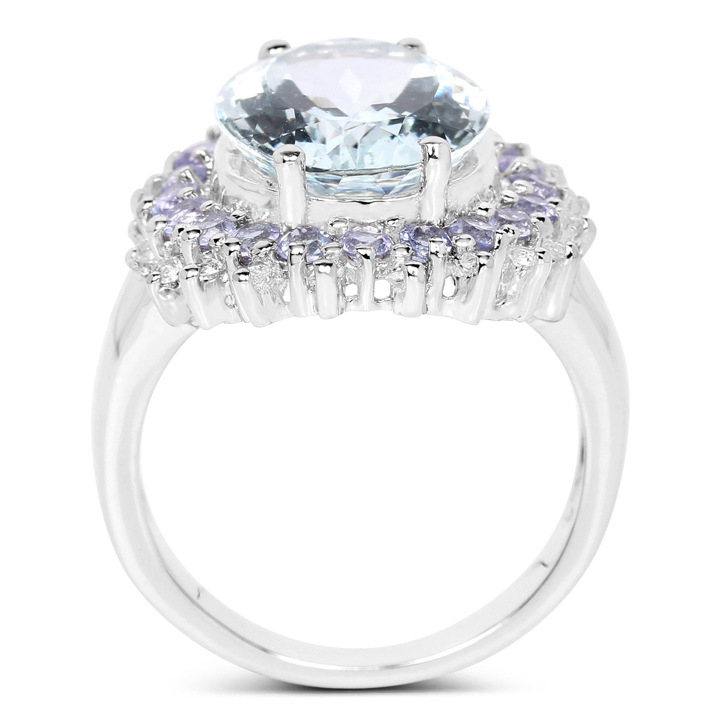 Anillo de plata de ley .925 con aguamarina genuina de 5.30 quilates, tanzanita y topacio blanco