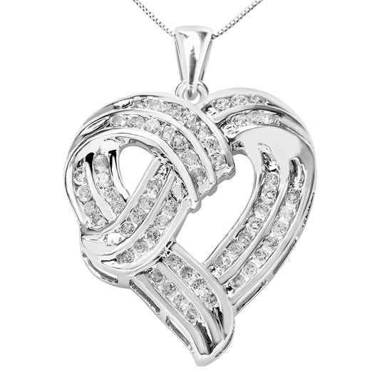 Colgante de corazón con diseño calado de cinta tejida con diamantes redondos de 1,25 ct en plata de ley .925 con cadena de 18" (color I-J, claridad I3)