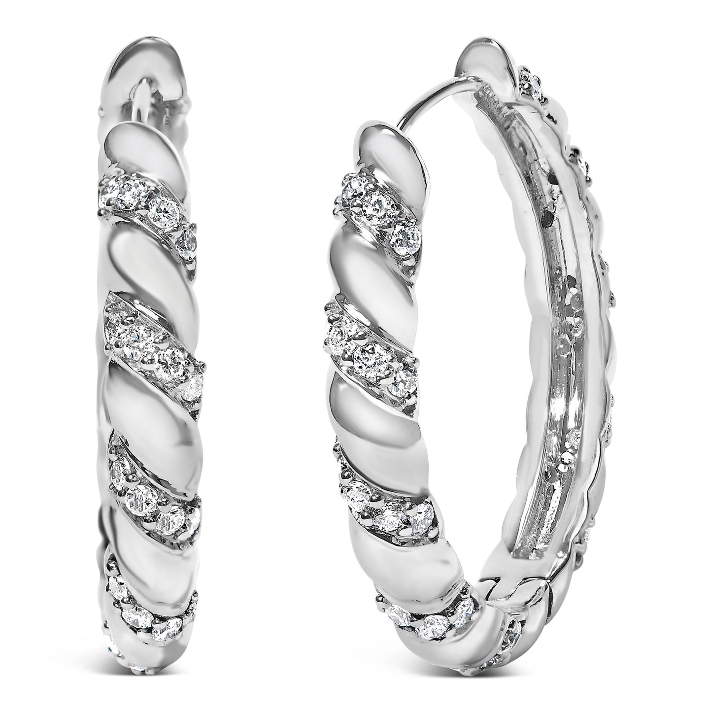 Aretes de aro de oro blanco de 14 K con diseño de remolino de diamantes creados en laboratorio de 1 1/5 Cttw, 1 pulgada (color F-G, claridad VS1-VS2)