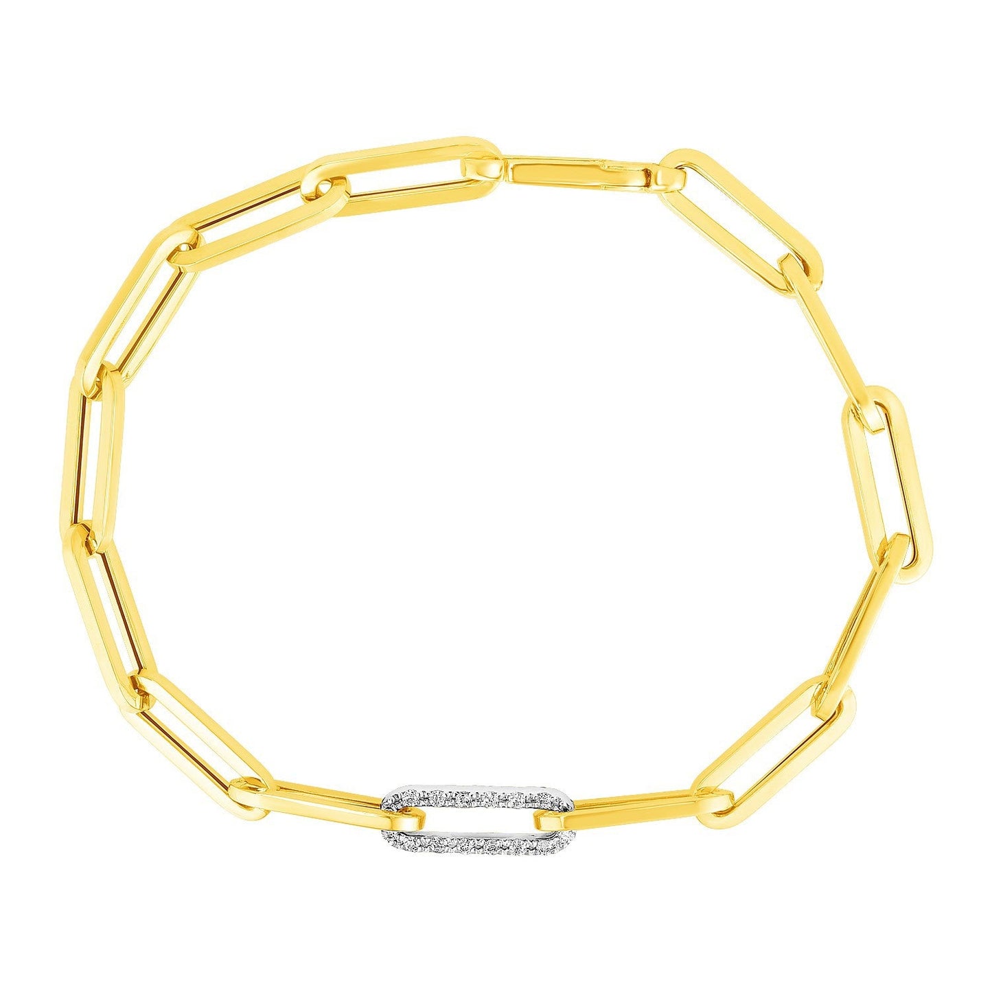 Pulsera de cadena con eslabones Paperclip de oro amarillo de 14k con eslabón de diamantes