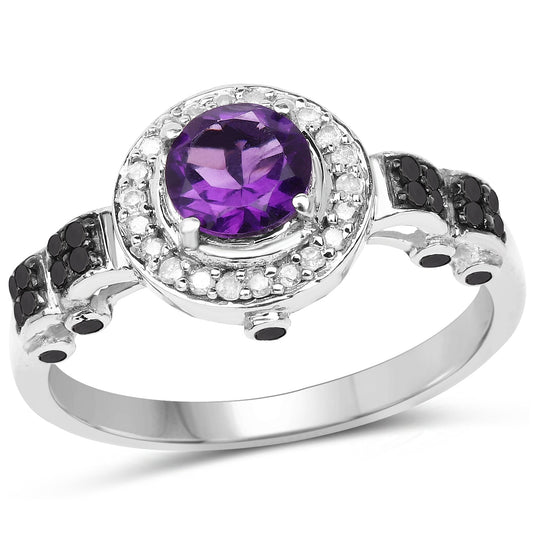 Anillo de Plata de Ley .925 con Amatista Genuina de 1,02 Quilates, Diamante Negro y Diamante Blanco