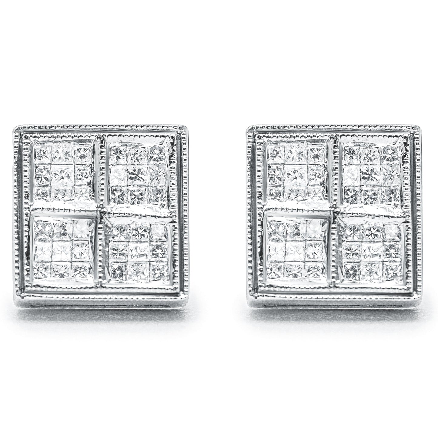 Pendientes de tuerca de oro blanco de 14 quilates de 1/2 quilate de peso total de diamantes de talla princesa con forma de caja y milgrain (Color H-I, Claridad SI1-SI2)