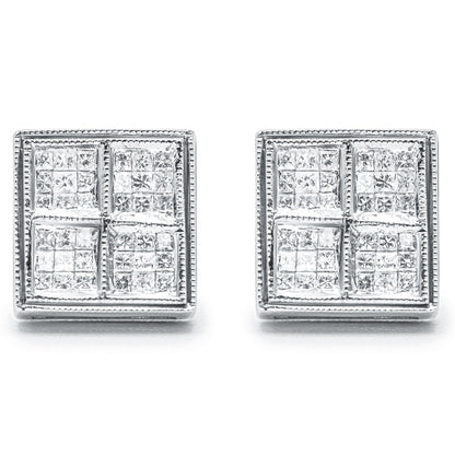 Pendientes de tuerca de oro blanco de 14 quilates de 1/2 quilate de peso total de diamantes de talla princesa con forma de caja y milgrain (Color H-I, Claridad SI1-SI2)