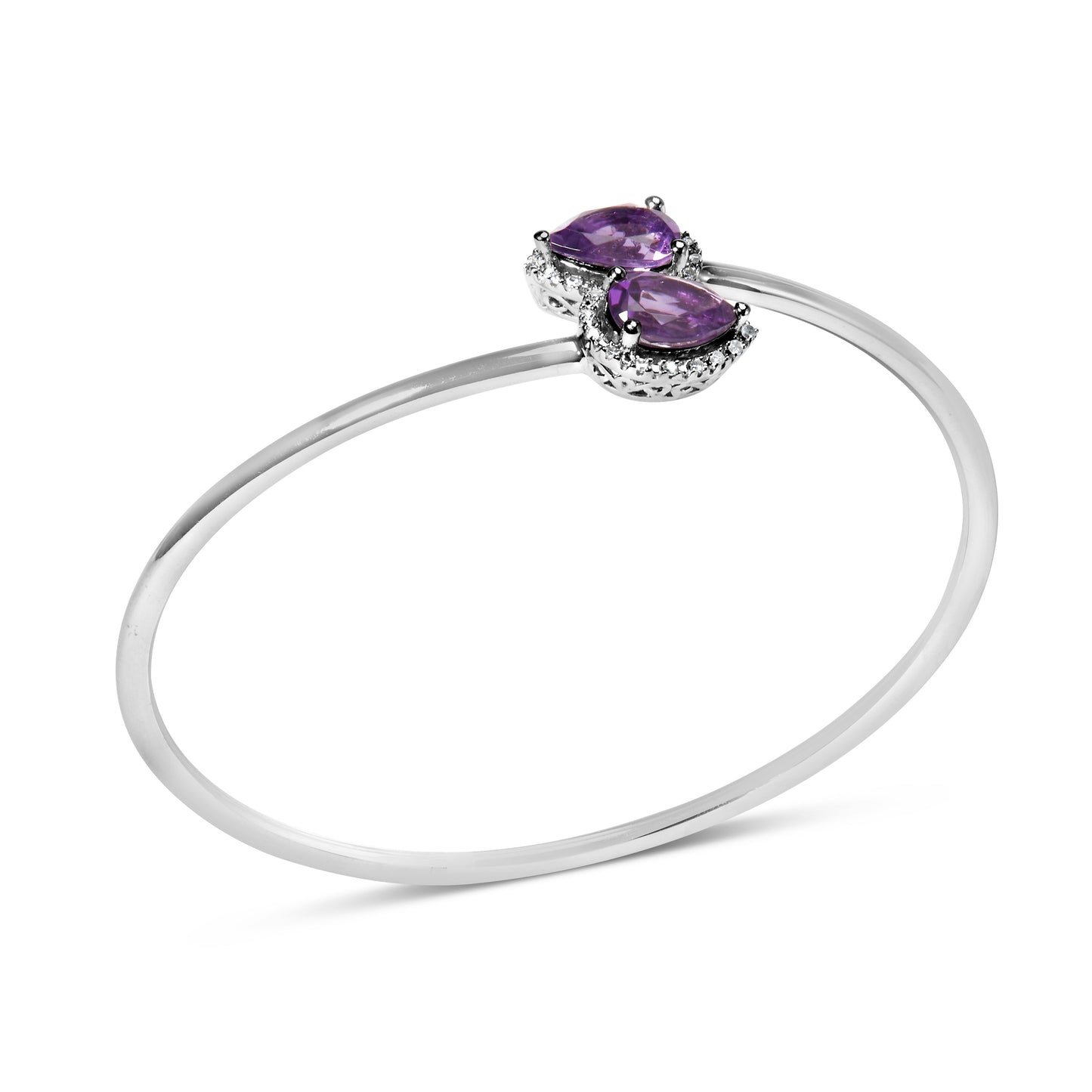 Brazalete de plata de ley .925 con forma de pera de amatista de 8 x 5.5 mm y halo de diamantes (color H-I, claridad SI1-SI2) - Se ajusta hasta 7 pulgadas