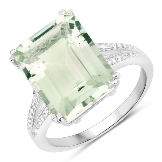 Anillo de plata de ley .925 con amatista verde genuina de 10,64 quilates y topacio blanco