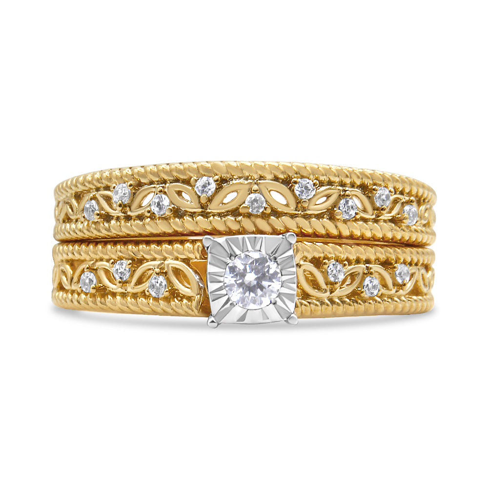 Conjunto de anillo de compromiso y boda de estilo art déco con diamantes de 0,20 quilates en total en plata de ley 925 bañada en oro amarillo de 14 quilates (color I-J, claridad I3) - Talla 7