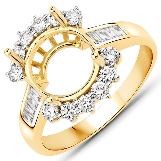 Anillo de Montura Semi de Oro Amarillo de 14K con Diamante Blanco Genuino de 0,58 Quilates - para Gema Redonda de 9,00 mm