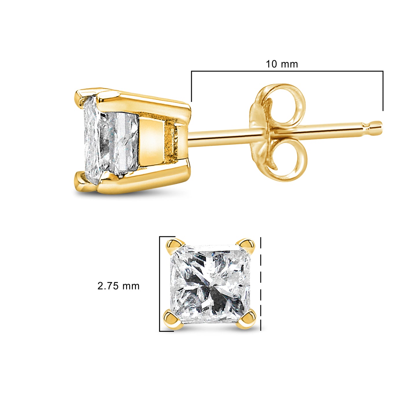 Pendientes de oro amarillo de 14k con certificación AGS, solitario de diamante talla princesa de 1/4 Cttw engarzado en 4 puntas, con cierre a presión (color H-I, claridad SI1-SI2)