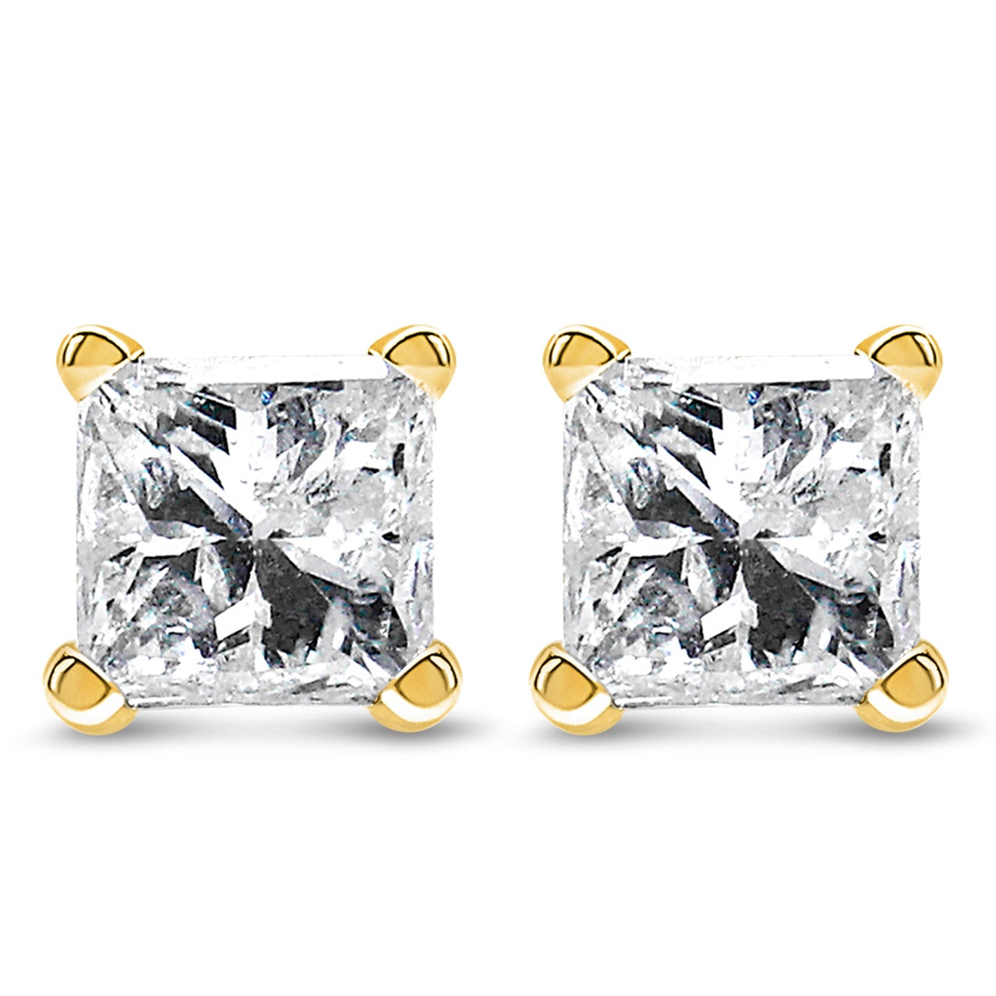 Pendientes de botón solitarios con diamantes de talla princesa de 1/3 Cttw en oro amarillo de 14k con engaste de 4 puntas, certificados por IGI (color Q-R, claridad I1-I2)