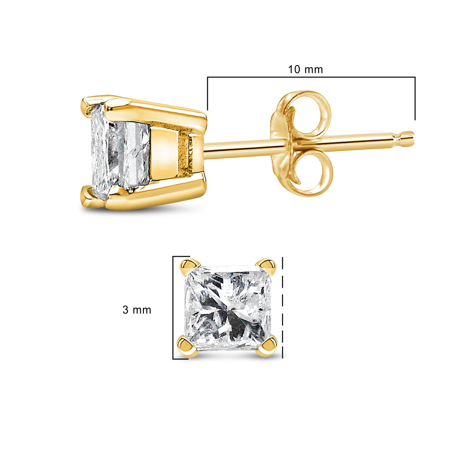 Pendientes de botón solitarios con diamantes de talla princesa de 1/3 Cttw en oro amarillo de 14k con engaste de 4 puntas, certificados por IGI (color Q-R, claridad I1-I2)
