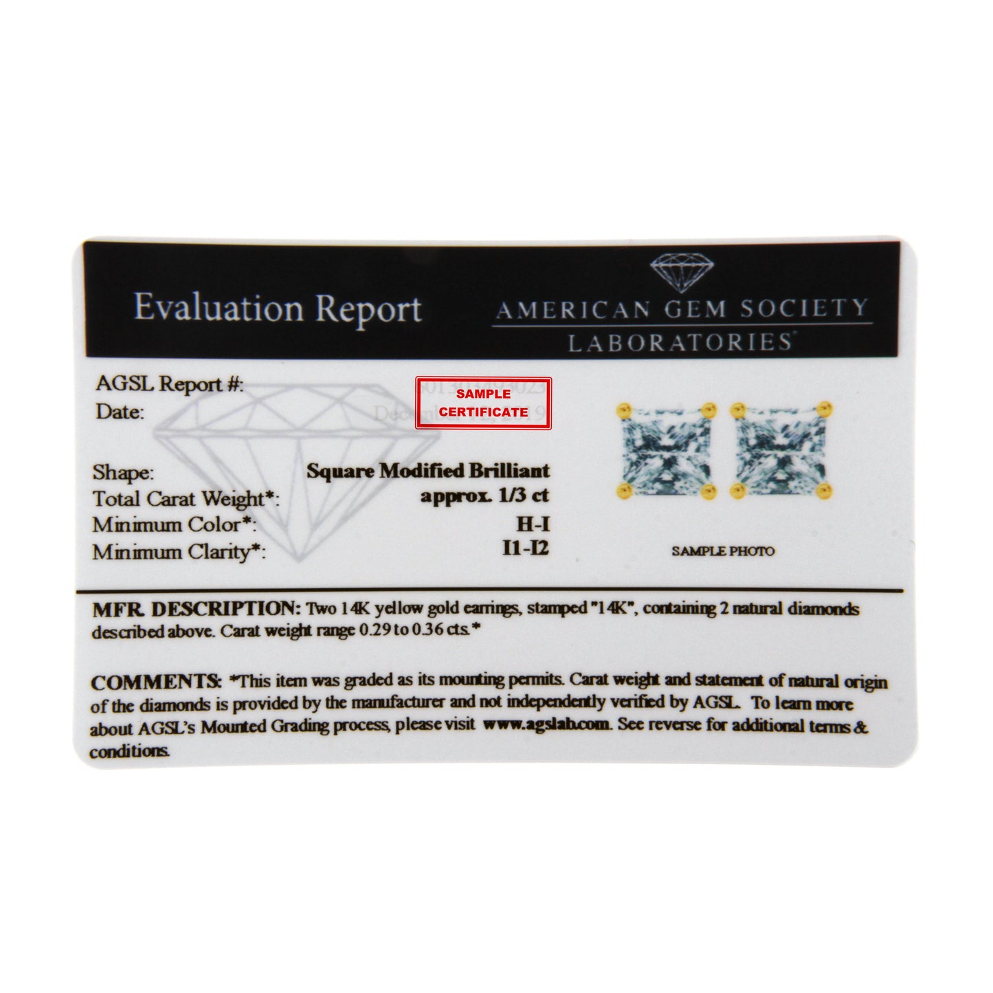 Pendientes de tuerca certificados de oro amarillo de 14 quilates con diamantes de talla princesa con claridad mejorada (0,50 ct en total, color H-I, claridad I1-I2)