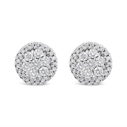 Pendientes de botón redondos de racimo estilo halo con diamantes de talla brillante de 1,0 Cttw en oro blanco de 14K, certificados por AGS (color G-H, claridad I1-I2)
