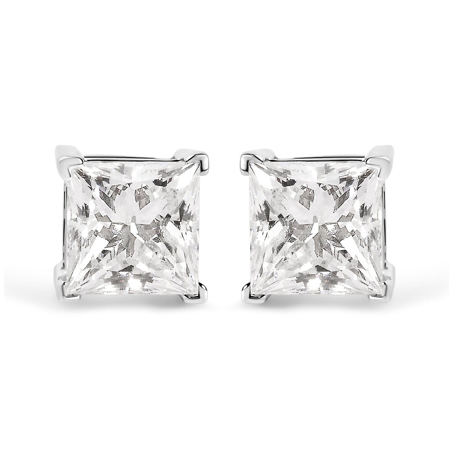 Pendientes de solitario con diamantes de talla princesa de 14 quilates de oro blanco y 1 1/2 quilates de peso total con claridad mejorada (color I-J, claridad I1-I2)
