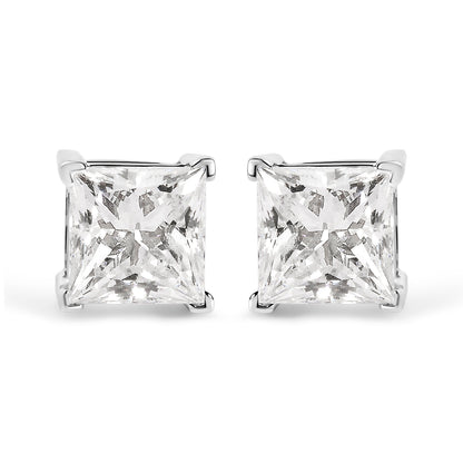 Pendientes de solitario con diamantes de talla princesa de 14 quilates de oro blanco y 1 1/2 quilates de peso total con claridad mejorada (color I-J, claridad I1-I2)