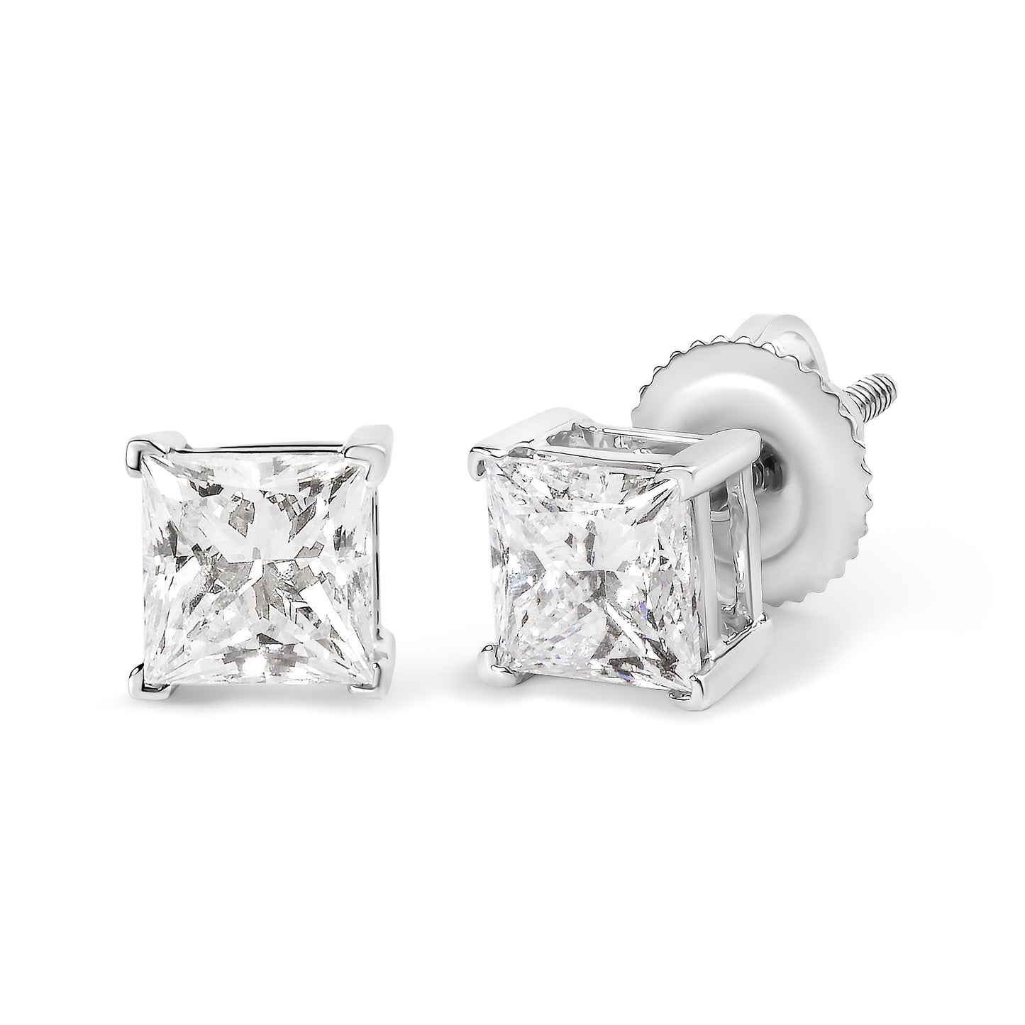 Pendientes de solitario con diamantes de talla princesa de 14 quilates de oro blanco y 1 1/2 quilates de peso total con claridad mejorada (color I-J, claridad I1-I2)