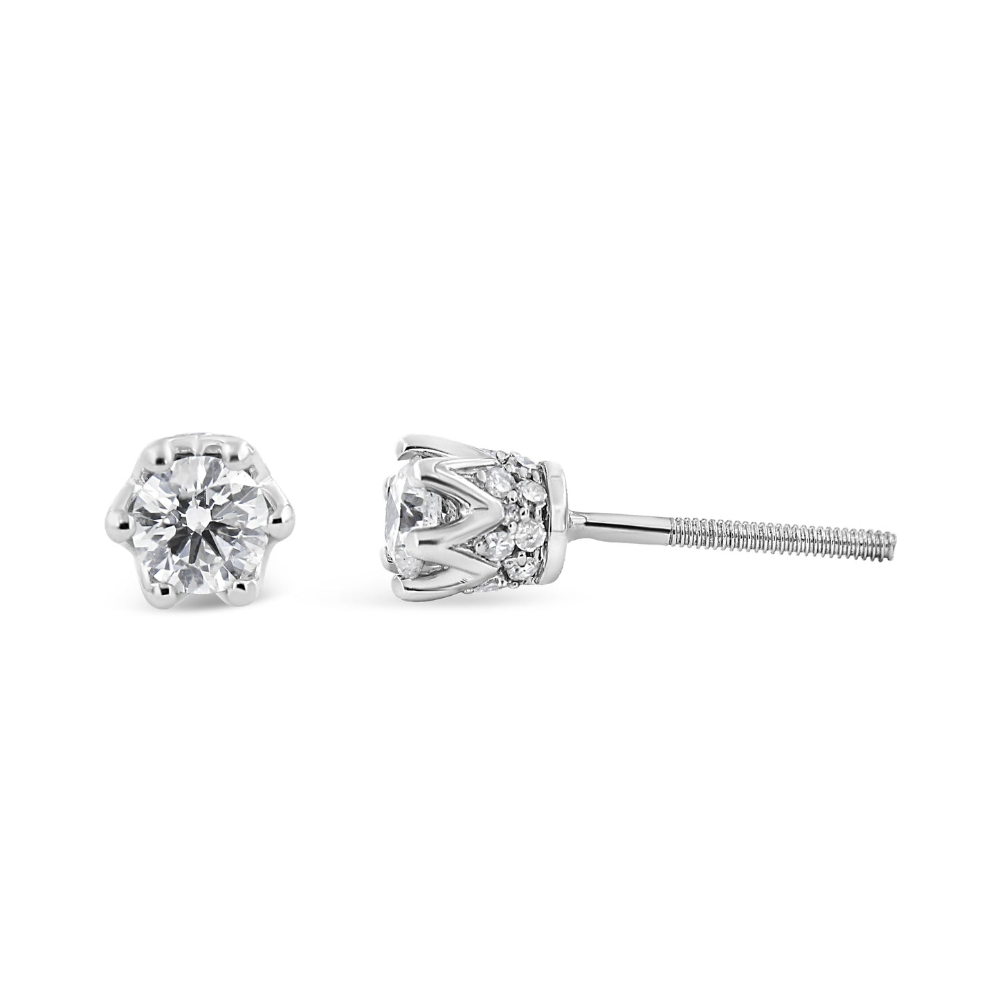 Pendientes de oro blanco de 14 quilates con diseño de corona y diamante redondo de 1/2 quilate (color I-J, claridad I1-I2)