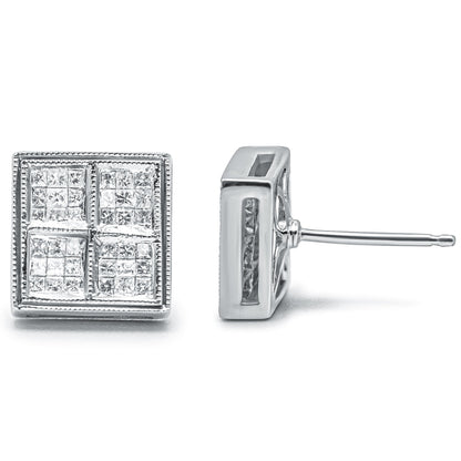 Pendientes de tuerca de oro blanco de 14 quilates de 1/2 quilate de peso total de diamantes de talla princesa con forma de caja y milgrain (Color H-I, Claridad SI1-SI2)