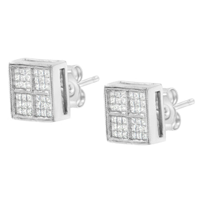 Pendientes de tuerca de oro blanco de 14 quilates de 1/2 quilate de peso total de diamantes de talla princesa con forma de caja y milgrain (Color H-I, Claridad SI1-SI2)