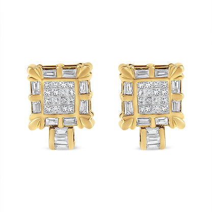 Pendientes Omega de aro tipo arracada con marco cuadrado de diamantes talla princesa y baguette de oro amarillo de 14K de 7/8 Cttw (Color H-I, Claridad SI1-SI2)