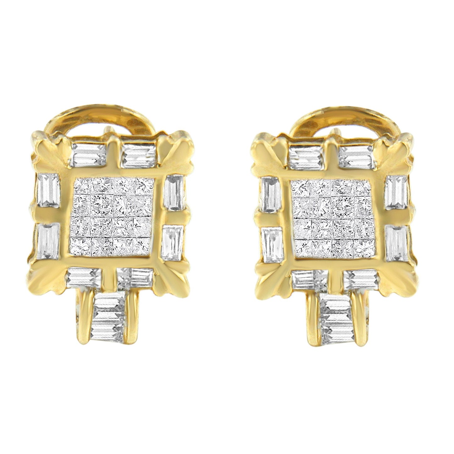 Pendientes Omega de aro tipo arracada con marco cuadrado de diamantes talla princesa y baguette de oro amarillo de 14K de 7/8 Cttw (Color H-I, Claridad SI1-SI2)