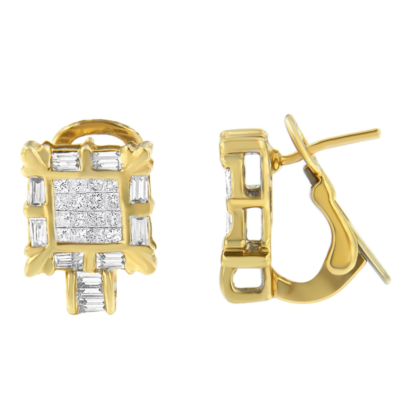 Pendientes Omega de aro tipo arracada con marco cuadrado de diamantes talla princesa y baguette de oro amarillo de 14K de 7/8 Cttw (Color H-I, Claridad SI1-SI2)