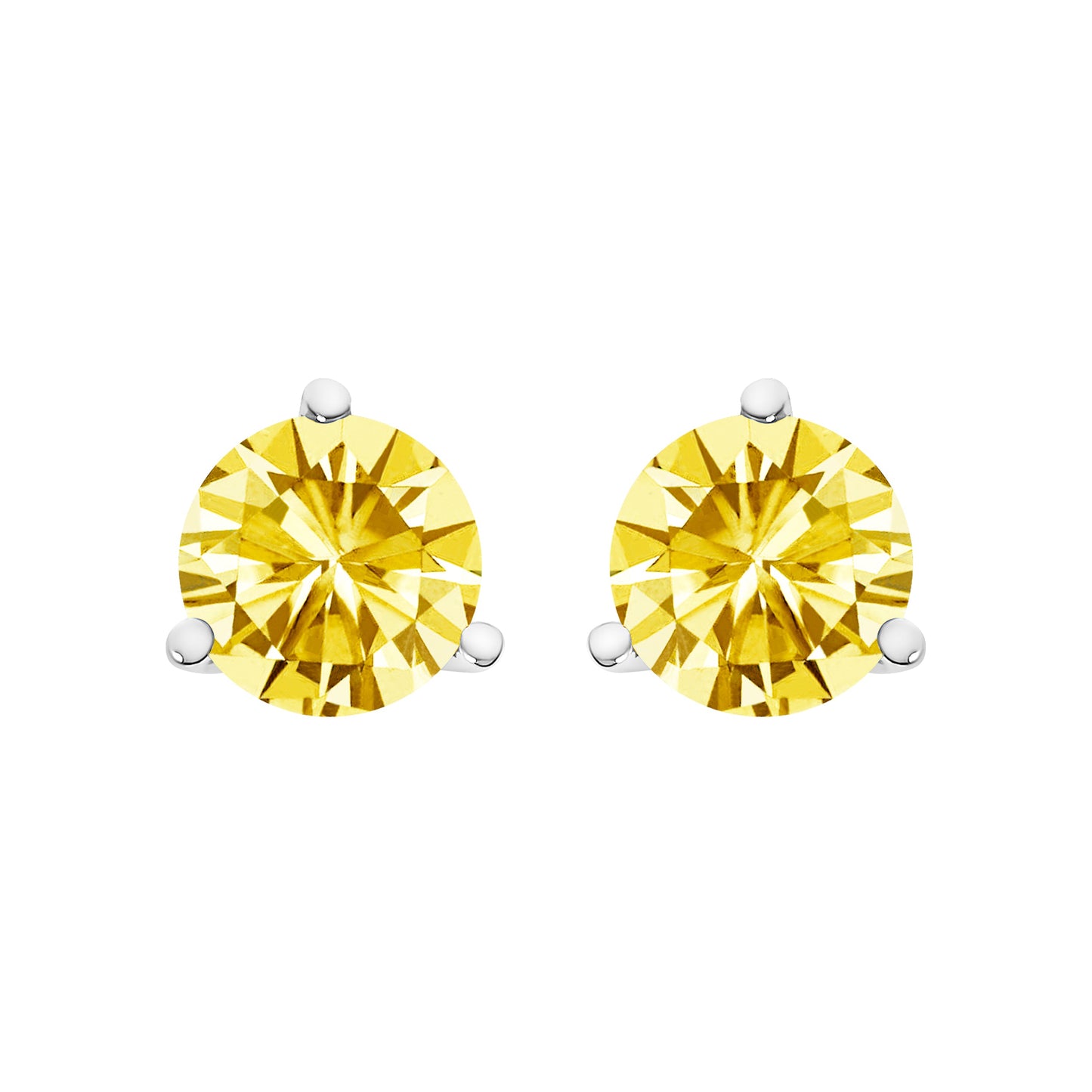 Pendientes de botón de oro blanco de 14 quilates, engaste de martini de 3 puntas, solitario de diamante cultivado en laboratorio amarillo de 1,0 quilates (peso total en quilates)