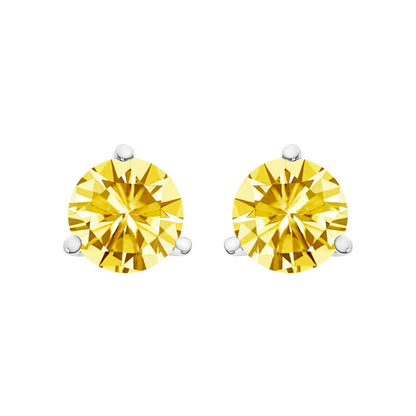 Pendientes de botón de oro blanco de 14 quilates, engaste de martini de 3 puntas, solitario de diamante cultivado en laboratorio amarillo de 1,0 quilates (peso total en quilates)