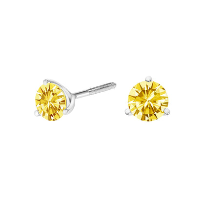 Pendientes de botón de oro blanco de 14 quilates, engaste de martini de 3 puntas, solitario de diamante cultivado en laboratorio amarillo de 1,0 quilates (peso total en quilates)