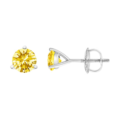 Pendientes de botón de oro blanco de 14 quilates, engaste de martini de 3 puntas, solitario de diamante cultivado en laboratorio amarillo de 1,0 quilates (peso total en quilates)