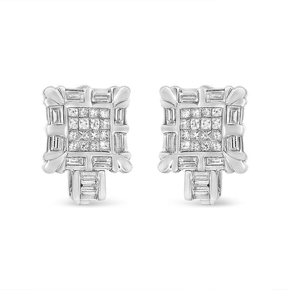 Pendientes de aro Huggie con marco cuadrado de oro blanco de 14 quilates con diamantes de talla princesa y baguette de 1,0 quilates (color H-I, claridad SI1-SI2)