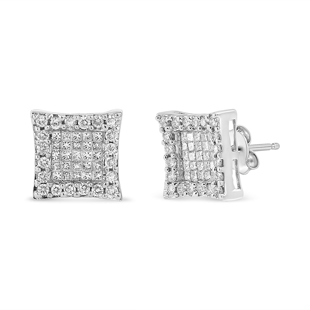 Pendientes de tuerca cuadrados de oro blanco de 14 quilates con diamantes talla princesa y redonda de 1,00 quilates (color G-H, claridad SI1-SI2)