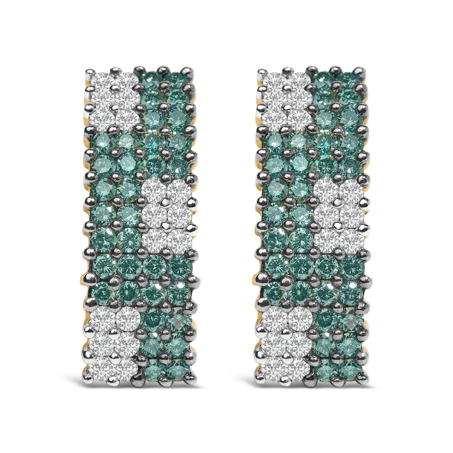 Pendientes con reverso Omega de oro amarillo de 14K de 2,00 Cttw con pavé de cuatro hileras de diamantes blancos y azules tratados (color H-I, claridad SI1-SI2)