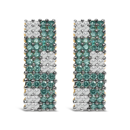 Pendientes con reverso Omega de oro amarillo de 14K de 2,00 Cttw con pavé de cuatro hileras de diamantes blancos y azules tratados (color H-I, claridad SI1-SI2)