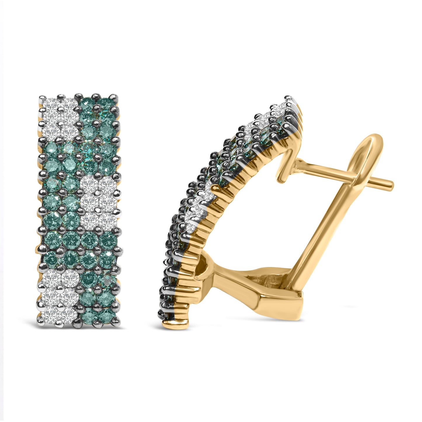 Pendientes con reverso Omega de oro amarillo de 14K de 2,00 Cttw con pavé de cuatro hileras de diamantes blancos y azules tratados (color H-I, claridad SI1-SI2)