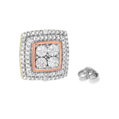 Pendientes de plata de ley bañados en oro amarillo, blanco y rosa de 10K con acentos de diamantes (Claridad I-J, Color I3)