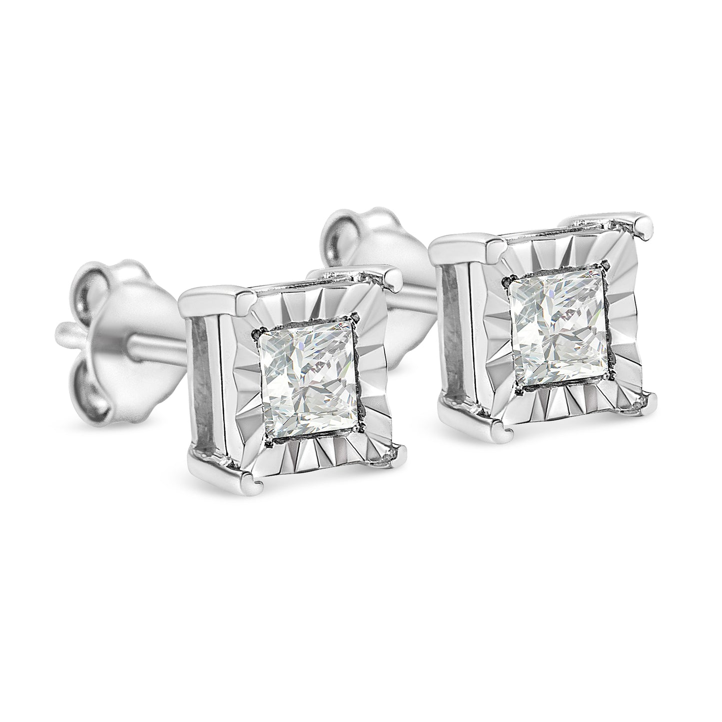 Pendientes de tuerca solitario con diamantes de talla princesa de 1/2 quilate, engaste milagro, plata de ley .925 (color I-J, claridad SI1-SI2)