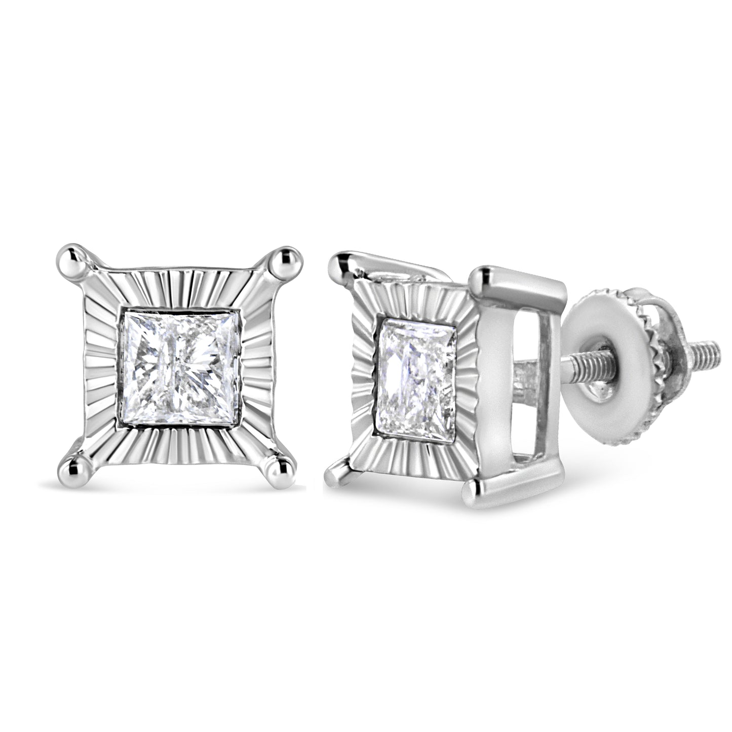 Pendientes de tuerca solitarios de plata de ley .925 con diamante de 1,0 Cttw talla princesa engaste ilusión (color H-I, claridad I2-I3)