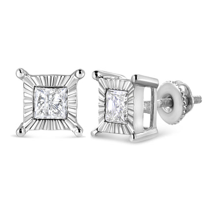 Pendientes de tuerca solitarios de plata de ley .925 con diamante de 1,0 Cttw talla princesa engaste ilusión (color H-I, claridad I2-I3)