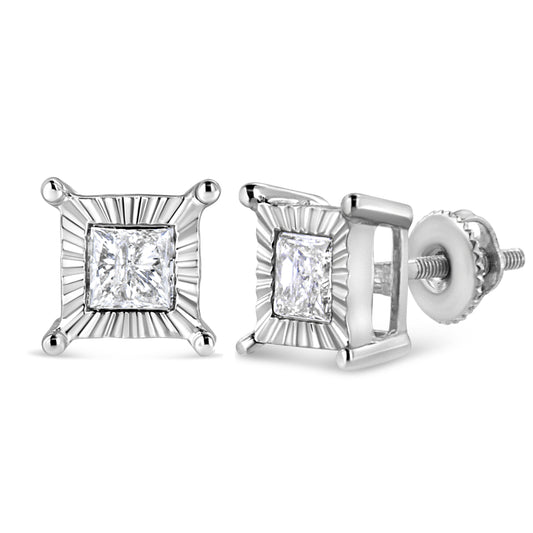 Pendientes de tuerca solitarios de plata de ley .925 con diamante de 1,0 Cttw talla princesa engaste ilusión (color H-I, claridad I2-I3)