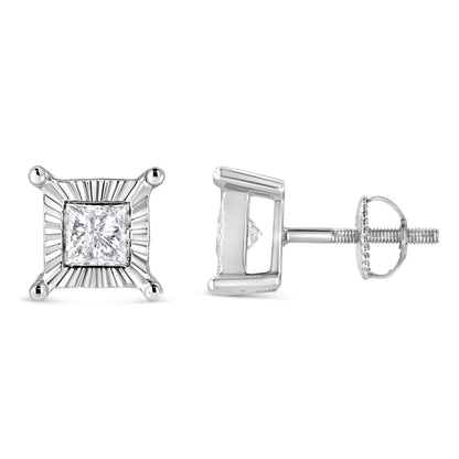 Pendientes de tuerca solitarios de plata de ley .925 con diamante de 1,0 Cttw talla princesa engaste ilusión (color H-I, claridad I2-I3)
