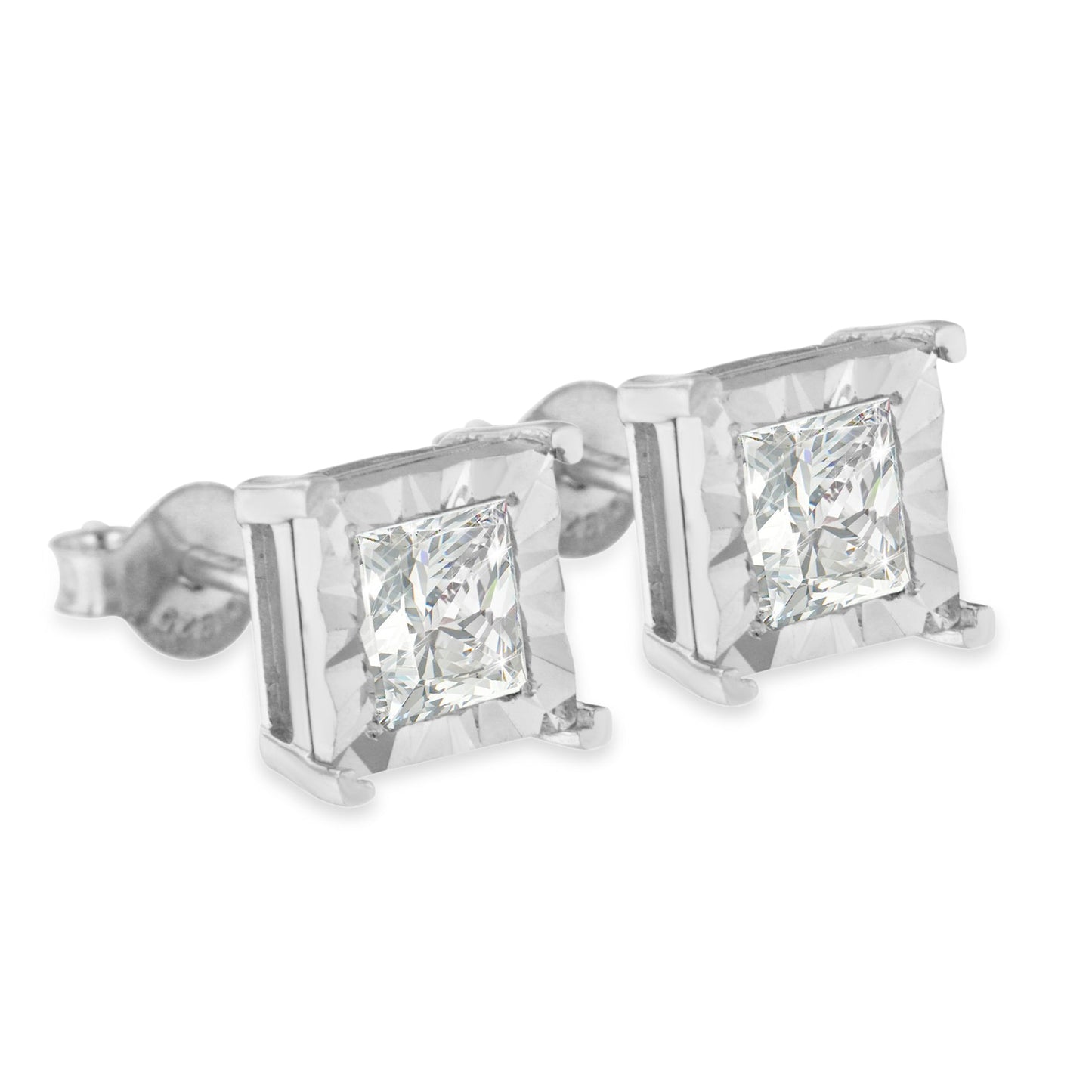Pendientes de tuerca solitarios de plata de ley .925 con diamante de 1,0 Cttw talla princesa engaste ilusión (color H-I, claridad I2-I3)