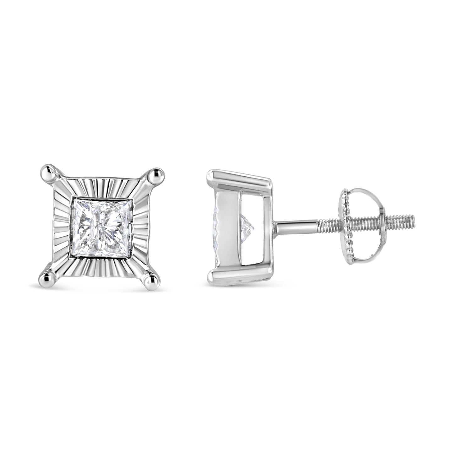Pendientes de tuerca solitarios de plata de ley .925 con diamante de 1,0 Cttw talla princesa engaste ilusión (color H-I, claridad I2-I3)