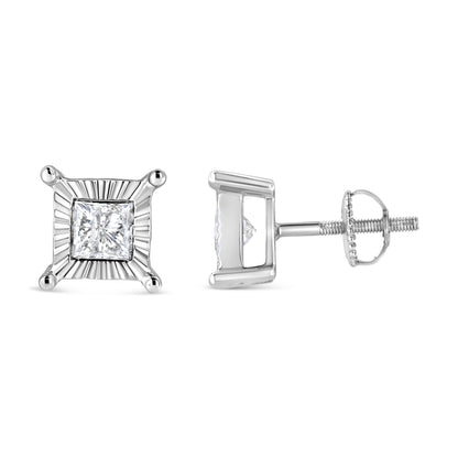 Pendientes de tuerca solitarios de plata de ley .925 con diamante de 1,0 Cttw talla princesa engaste ilusión (color H-I, claridad I2-I3)