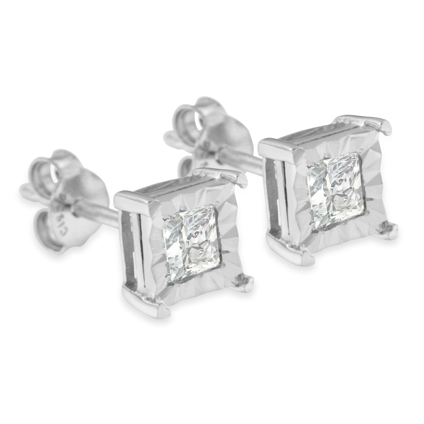 Aretes de oro blanco de 18 quilates, engaste de diamantes solitarios de corte princesa de 0,50 quilates (color H-I, claridad SI2-I1)